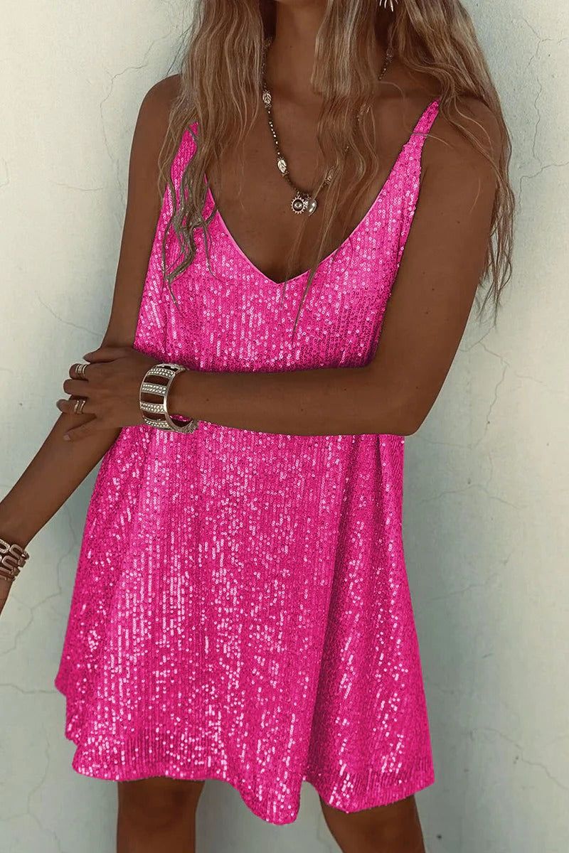 Sequin V-Neck Mini Dress. Assorted colors, polyester material. Sleeveless party dress. — Image 5