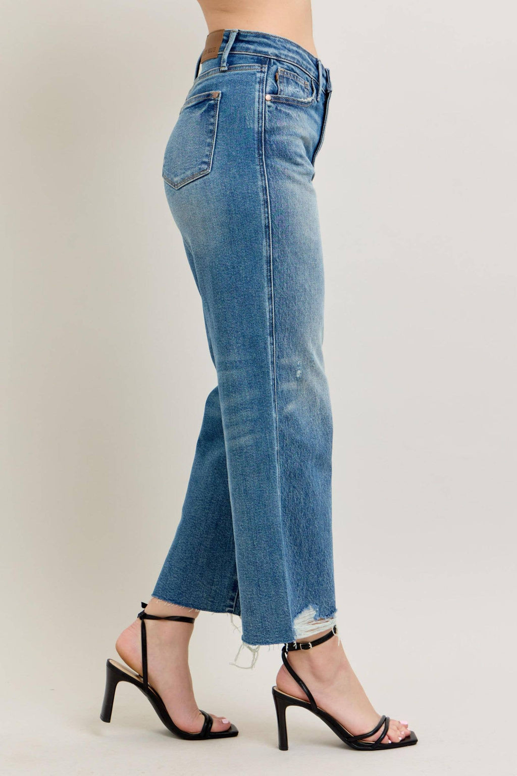 Judy Blue Women's Wide-Leg Distressed High-Waisted Jeans Blue Denim Frayed Hem — Image 3