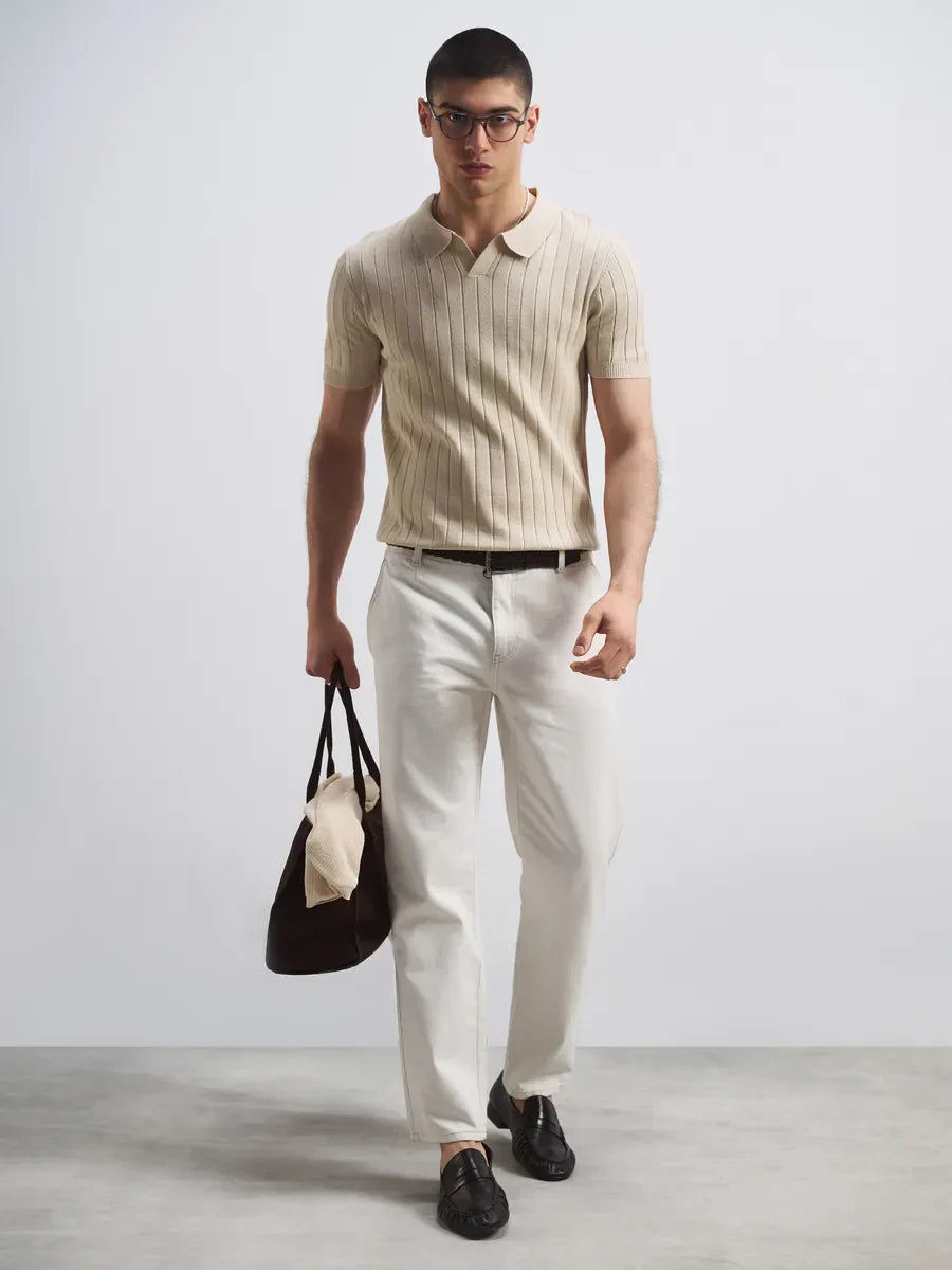 Del Viento Men's Ribbed Knit Polo Shirt Beige Cotton Blend Short Sleeve Casual Top — Image 3