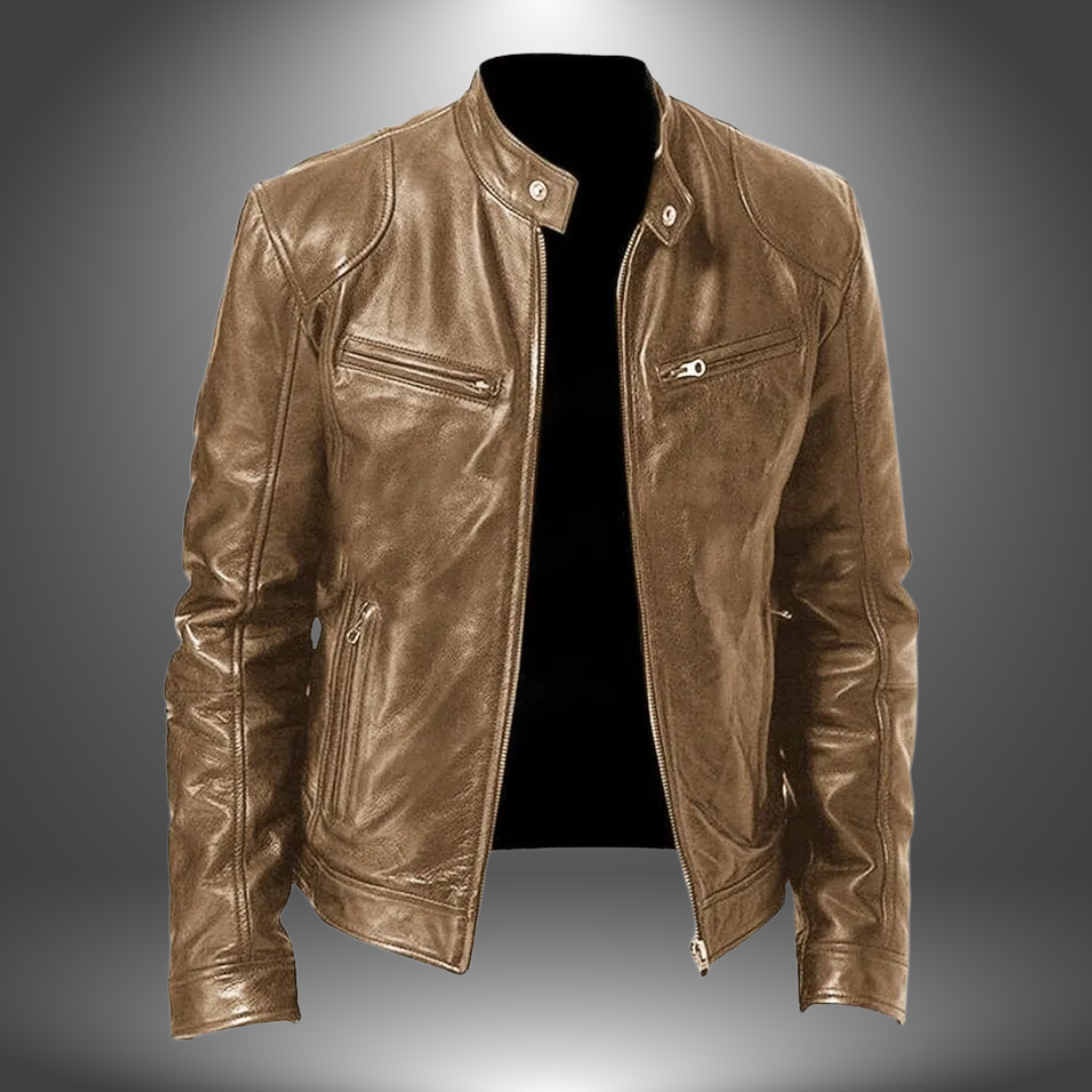 Men's Classic Leather Biker Jacket in Black, Brown, Green, Blue, Red, Gray, Tan — Image 7