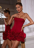 Red Strapless Corset Ruffle Mini Dress - Fitted Party Cocktail Dress — Image 3