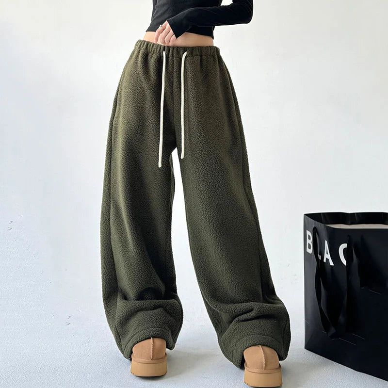 Women's Wide Leg Sherpa Fleece Lounge Pants with Drawstring - Black, Brown, Green Polyester — Image 4