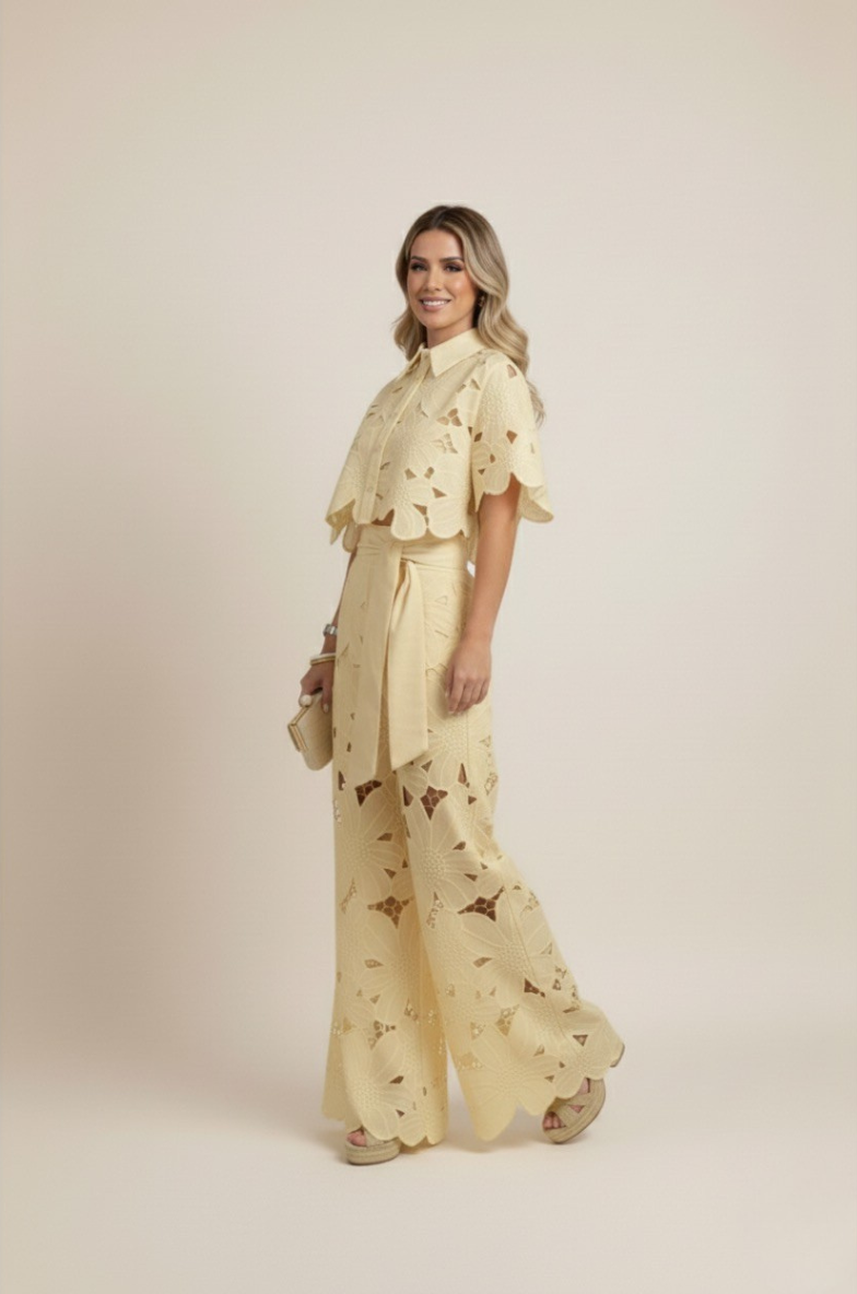Floral Lace Two-Piece Set: Cropped Shirt & Wide Leg Pants - White Polyester Lace - Women's Fashion — Image 12