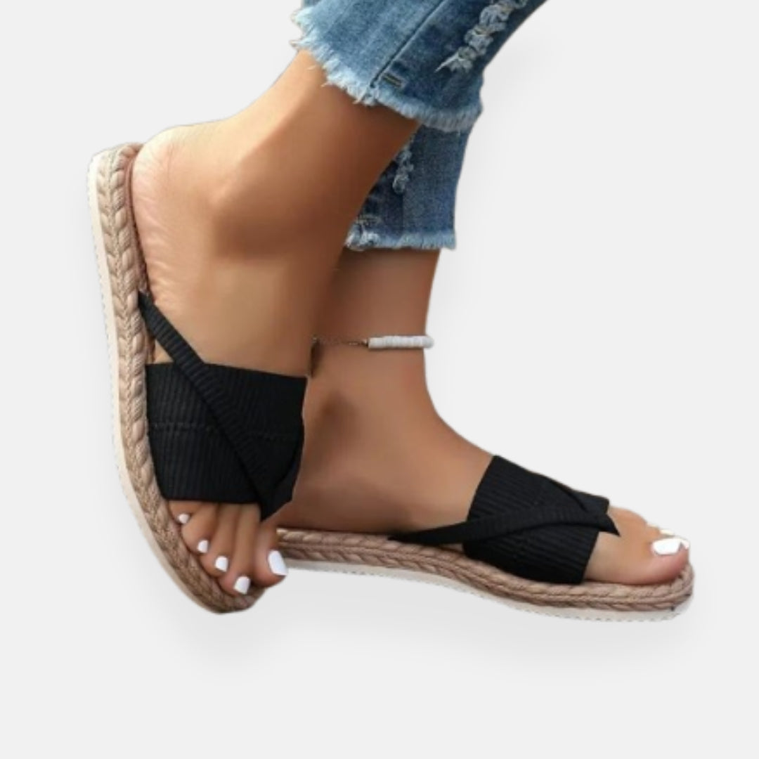 Women's Slip-On Sandals with Braided Jute Sole and Cross Strap Design in Black, Green, Beige — Main Image