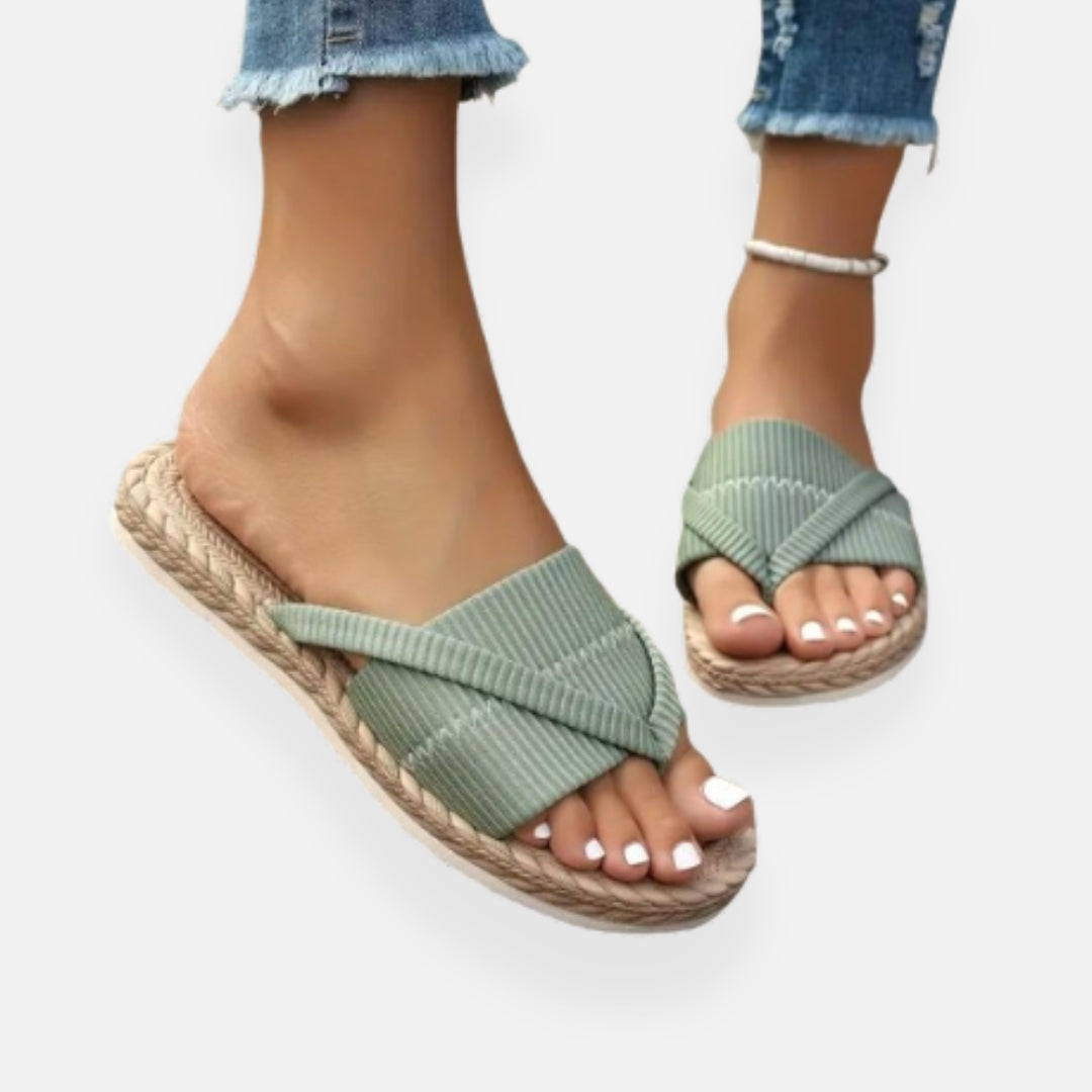 Women's Slip-On Sandals with Braided Jute Sole and Cross Strap Design in Black, Green, Beige — Image 2
