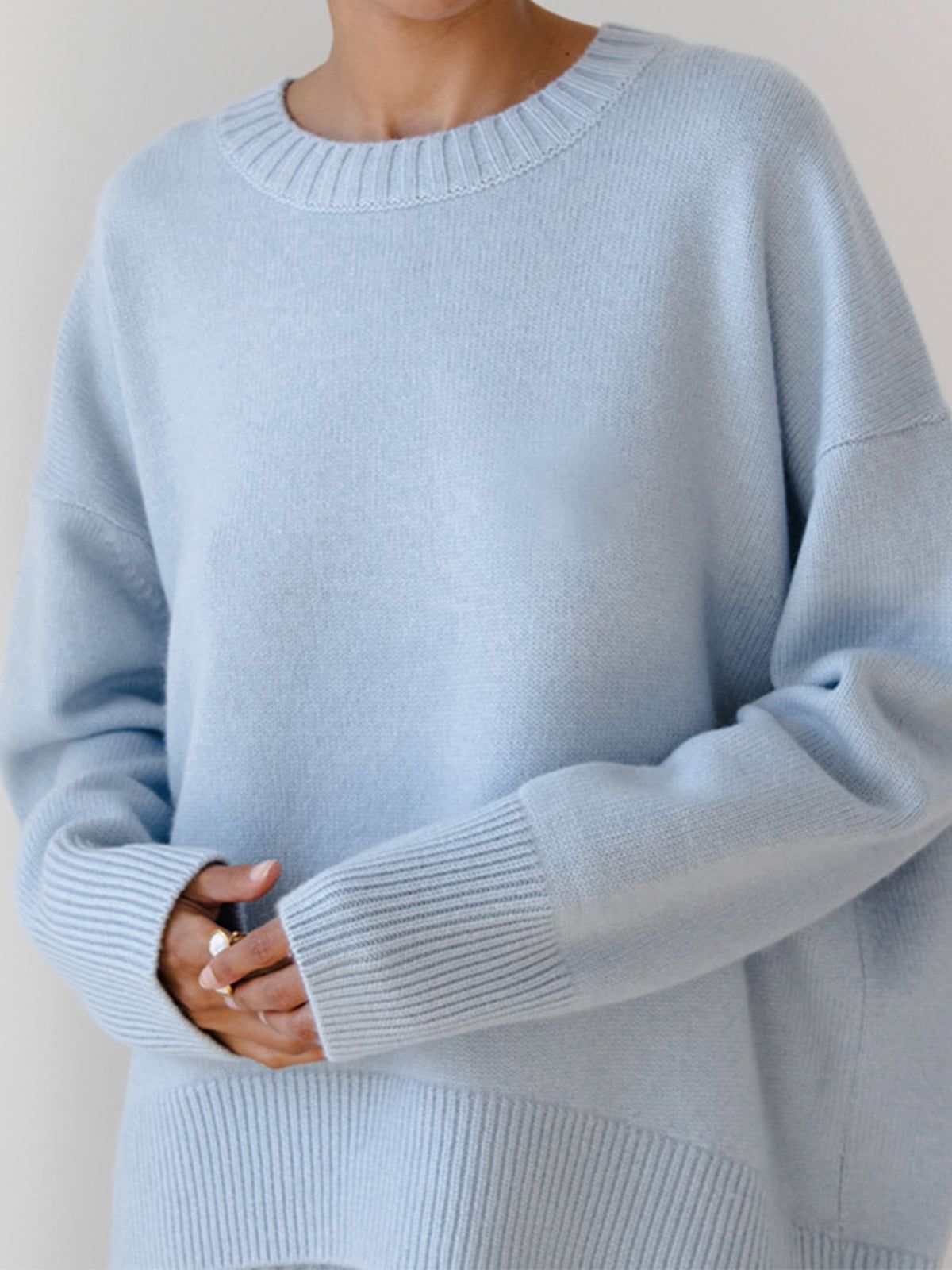 Cashmere Oversized Sweater, Sky Blue, Crew Neck, Ribbed Knit — Image 3