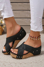 Women's Cork Wedge Sandals Black Slip-On Platform Cross Strap Comfortable Summer Shoes — Image 2