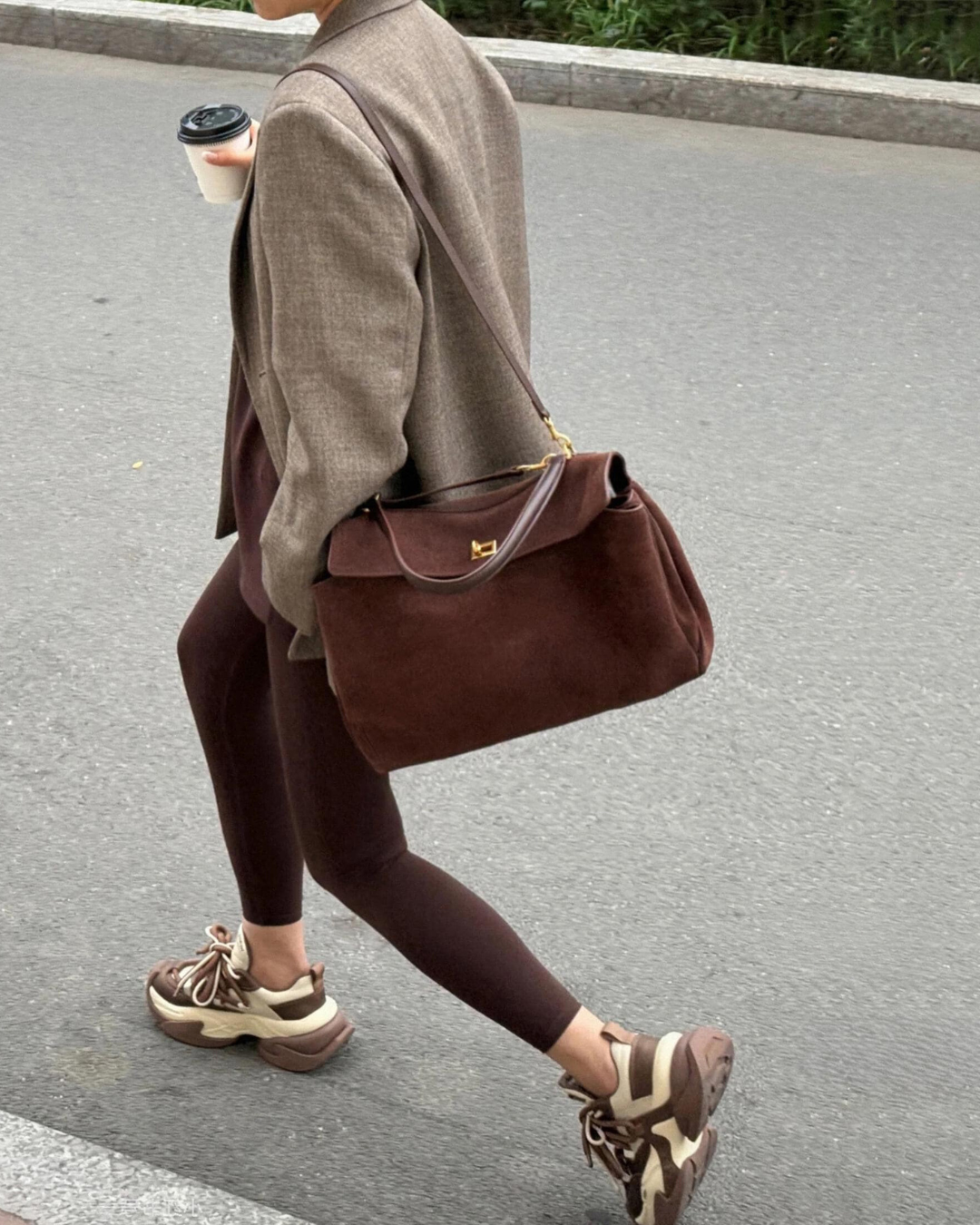 Suede Leather Top Handle Bag Brown - Women's Elegant Shoulder Bag — Image 3