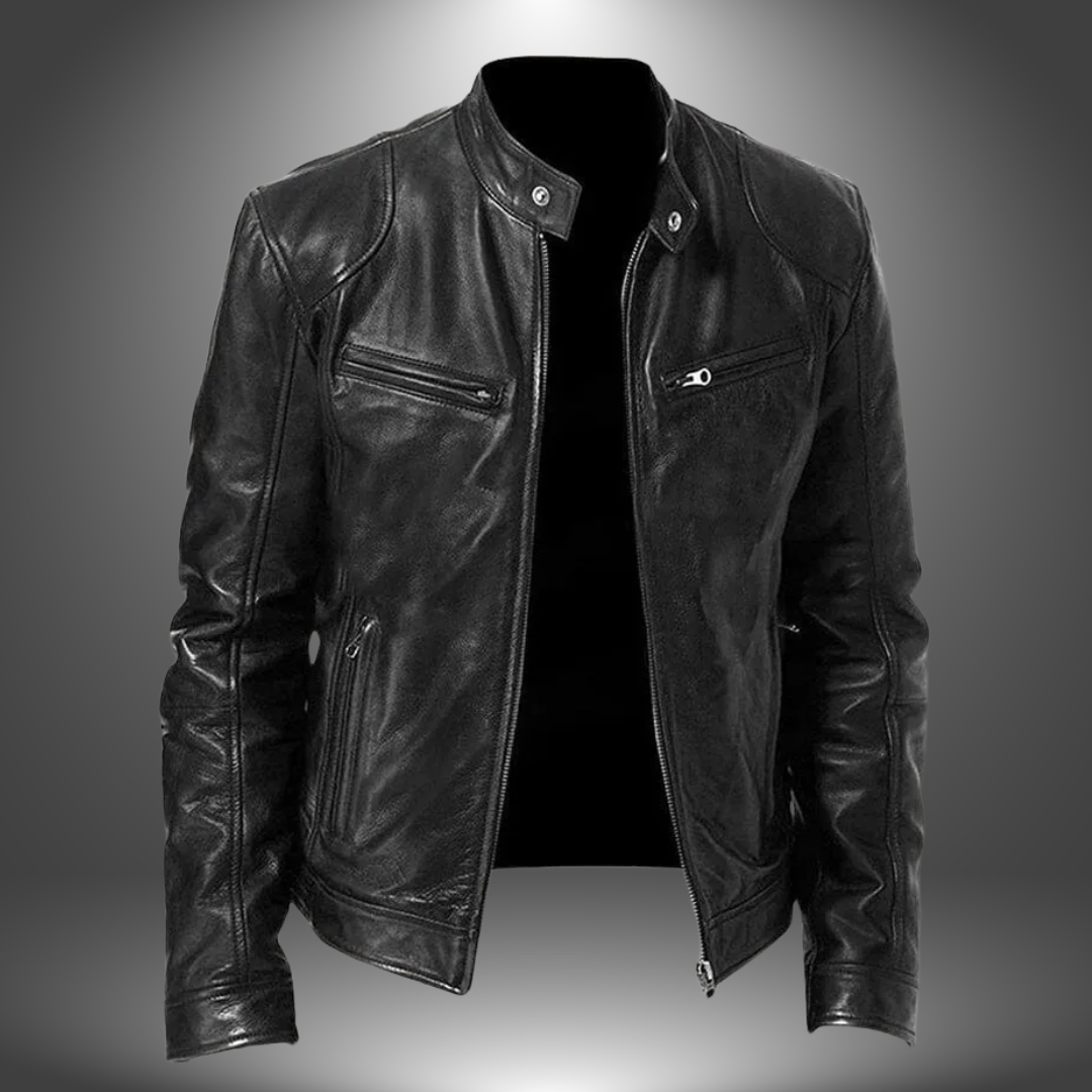 Men's Classic Leather Biker Jacket in Black, Brown, Green, Blue, Red, Gray, Tan — Main Image