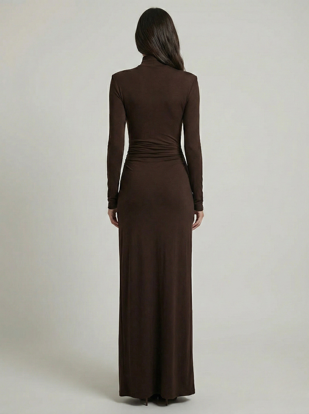 Brown Turtleneck Maxi Dress with Twist Front and Thigh Slit — Image 4