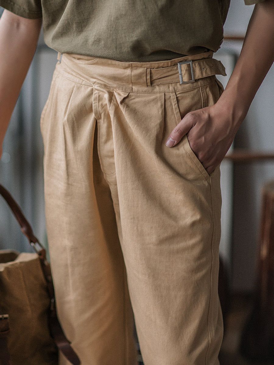 Vintage Style Men's Work Pants Cotton Canvas Khaki High Waist Pleated — Image 5