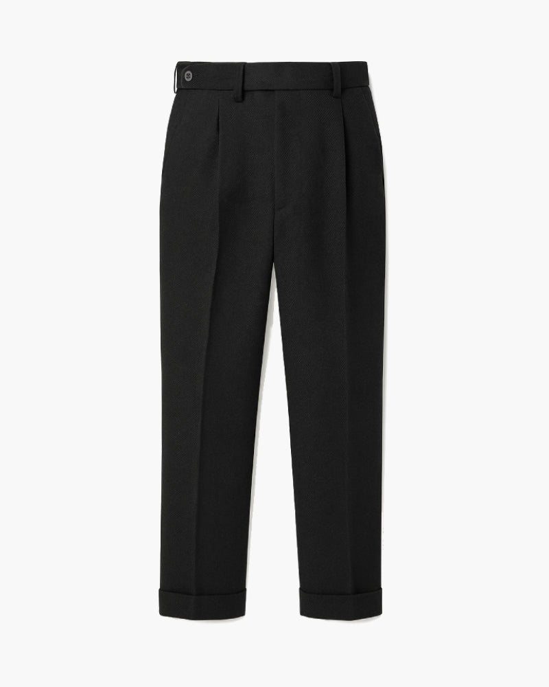 Men's Wool Blend Pleated Trousers Black Tailored Fit Cuffed Hem Formal Pants — Main Image