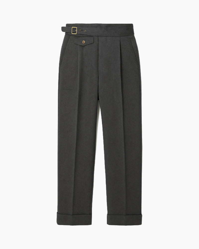 Men's Wool Blend Pleated Trousers Gray High Waist Adjustable Waistband Formal Business Pants — Main Image