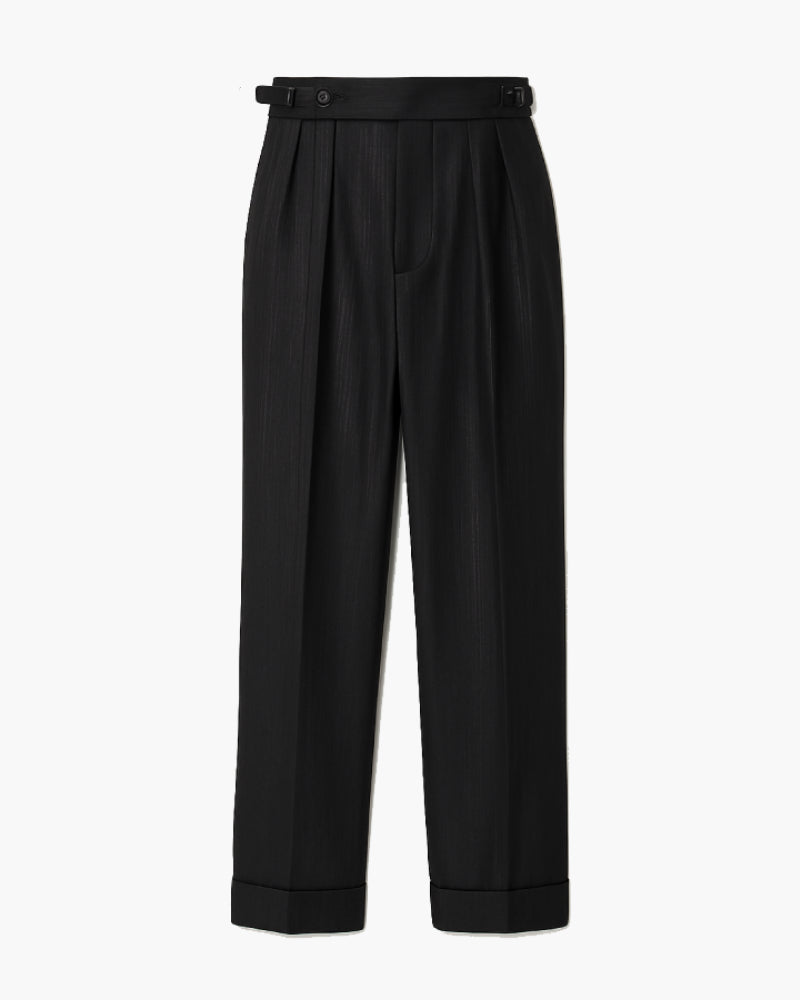 Brand Men's Wool Pleated Trousers Tailored Fit Adjustable Waistband Black — Main Image