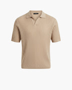 Del Viento Men's Ribbed Knit Polo Shirt Beige Cotton Blend Short Sleeve Casual Top — Main Image