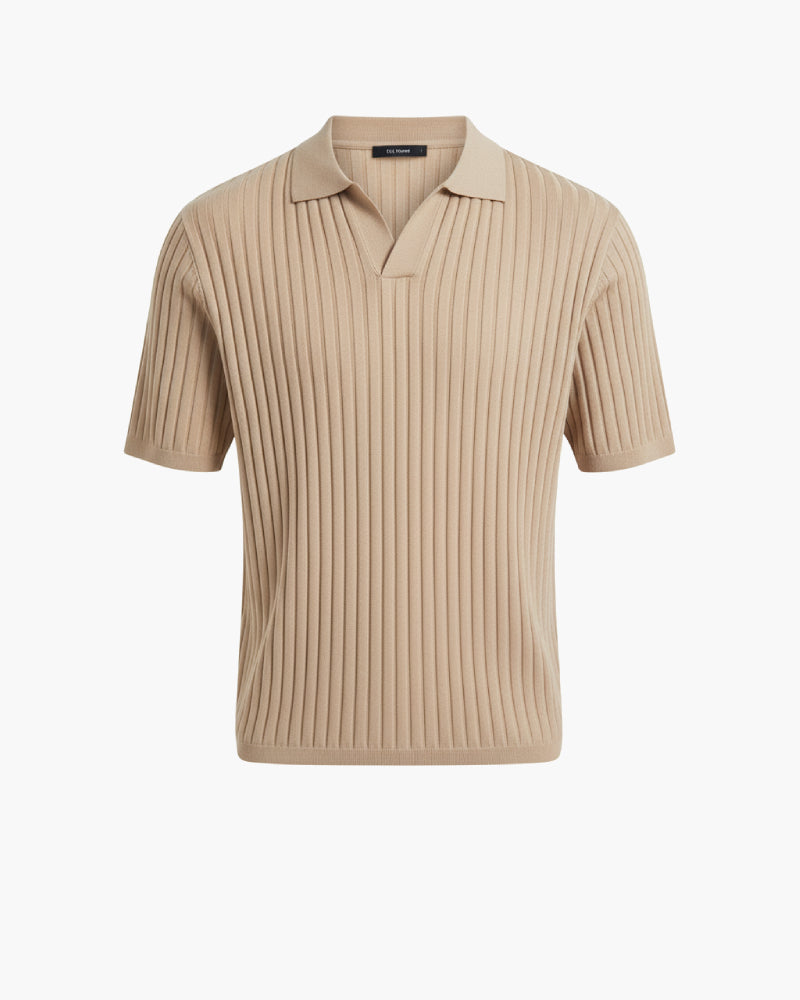 Del Viento Men's Ribbed Knit Polo Shirt Beige Cotton Blend Short Sleeve Casual Top — Main Image