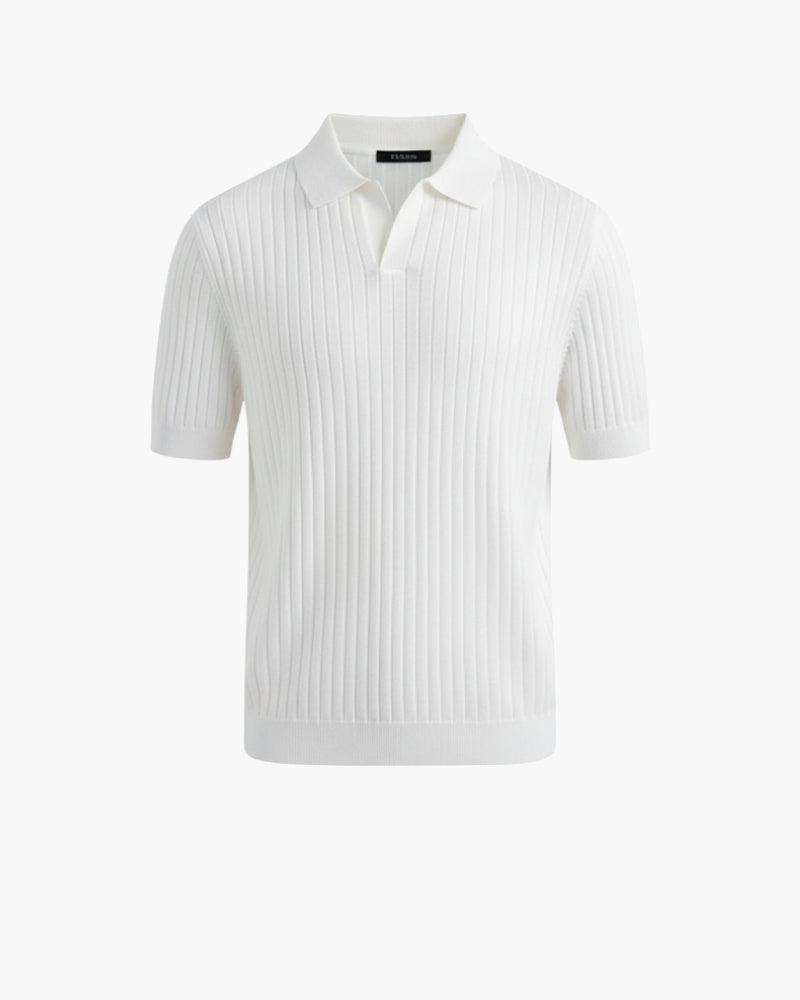 Men's Polo Shirt Ribbed Knit Short Sleeve Soft Cotton Blend White Casual Top — Main Image