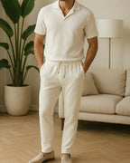 Men's Polo Shirt and Pants Set Cotton Blend Casual Lounge Wear White — Image 2