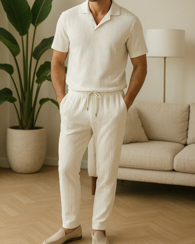 Men's Polo Shirt and Pants Set Cotton Blend Casual Lounge Wear White — Image 2