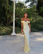 Satin Maxi Dress Off-Shoulder Yellow Evening Gown — Image 2