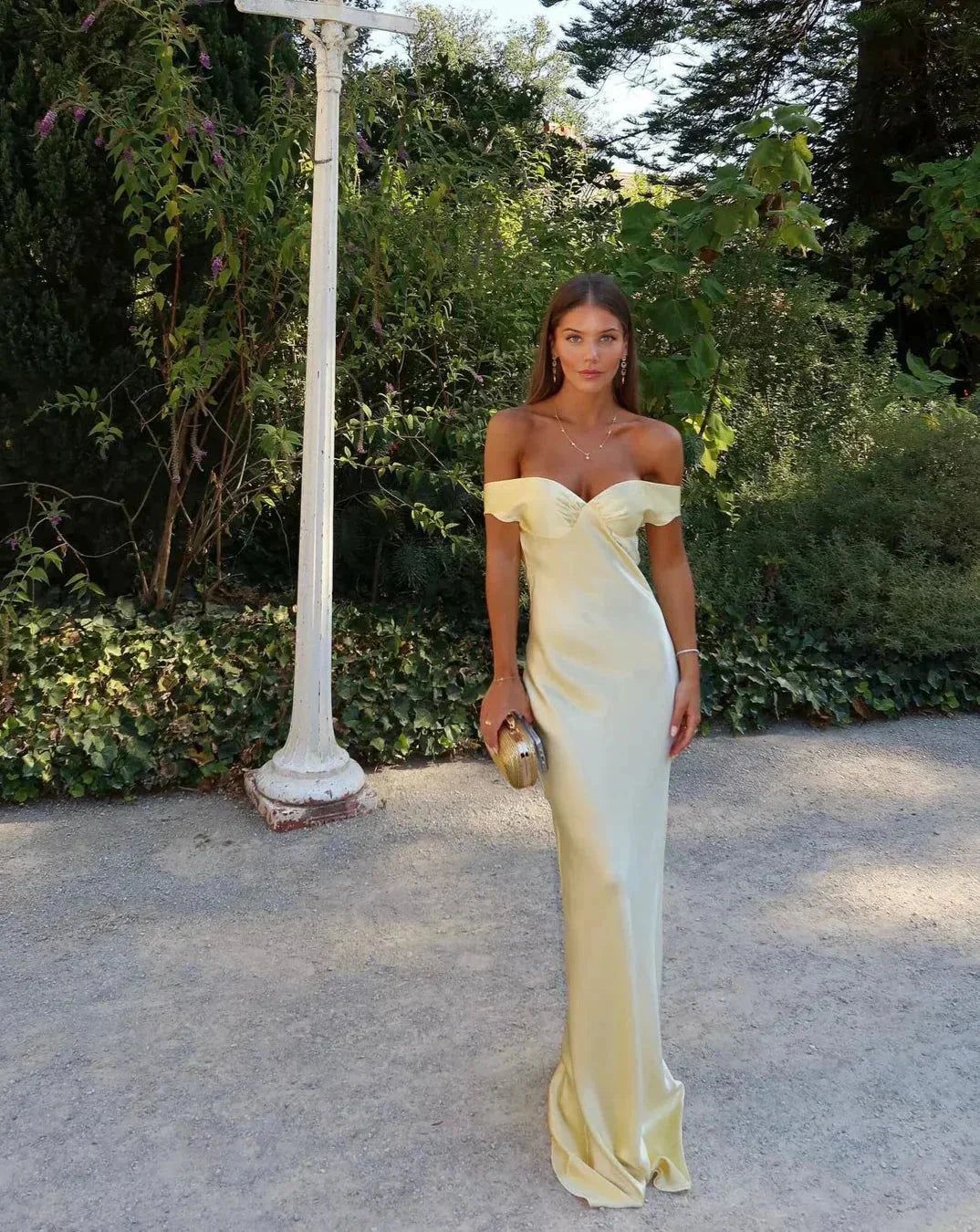 Satin Maxi Dress Off-Shoulder Yellow Evening Gown — Image 2