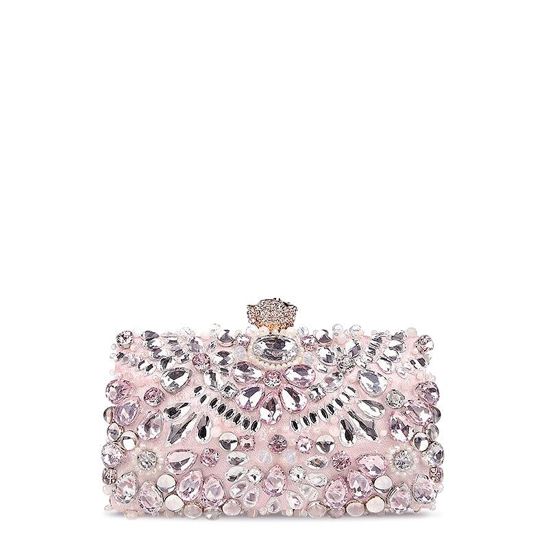 Crystal Embellished Evening Clutch Bag Pink Rhinestones Pearls Formal Handbag — Main Image