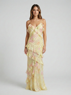 Floral Ruffle Maxi Dress - Pink/Yellow Chiffon Gown with Spaghetti Straps and Tiered Ruffles — Image 3
