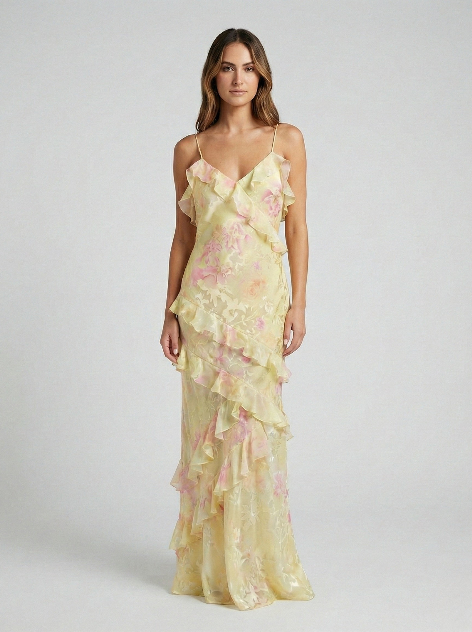 Floral Ruffle Maxi Dress - Pink/Yellow Chiffon Gown with Spaghetti Straps and Tiered Ruffles — Image 3