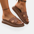 Women's Open Toe Slip-On Sandals Comfortable Lightweight Platform Slides Brown Beige — Main Image