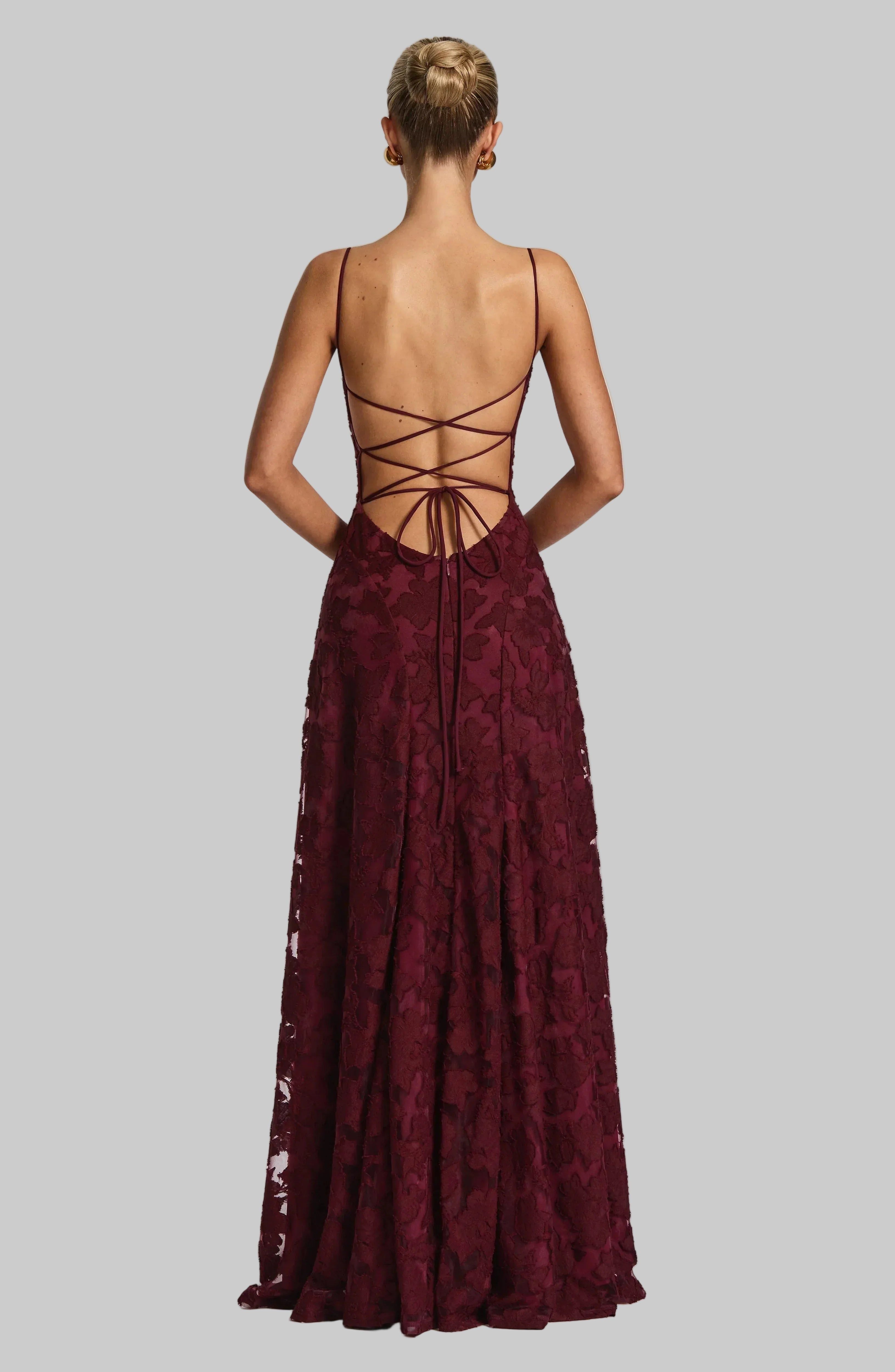 Floral Lace Maxi Dress with Lace-Up Back, Spaghetti Straps, Fitted Bodice. Available in Burgundy, White, and Pink. — Image 6