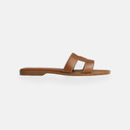 Women's Open Toe Slip-On Sandals Leather Casual Flat Slides Brown — Image 2