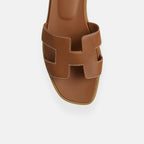 Women's Open Toe Slip-On Sandals Leather Casual Flat Slides Brown — Image 3