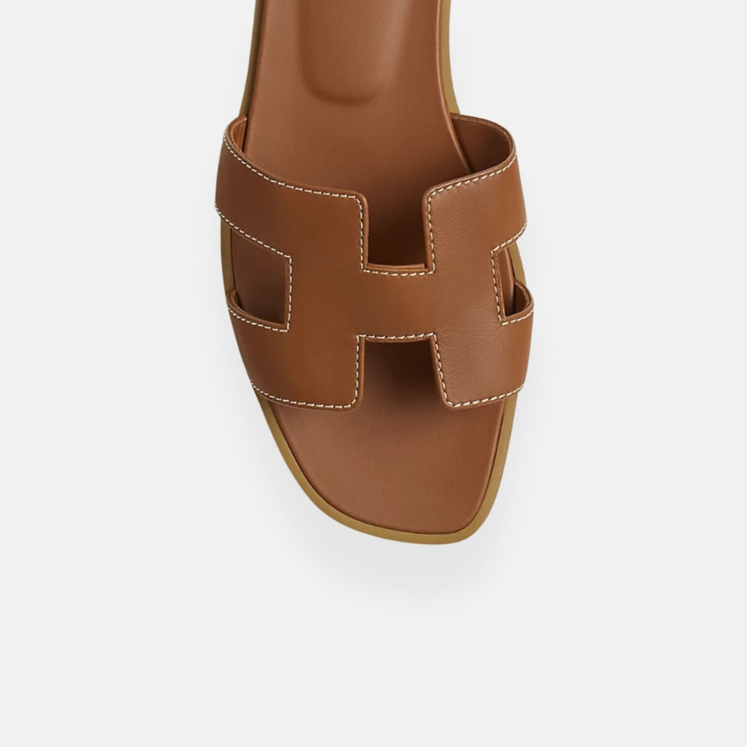 Women's Open Toe Slip-On Sandals Leather Casual Flat Slides Brown — Image 3