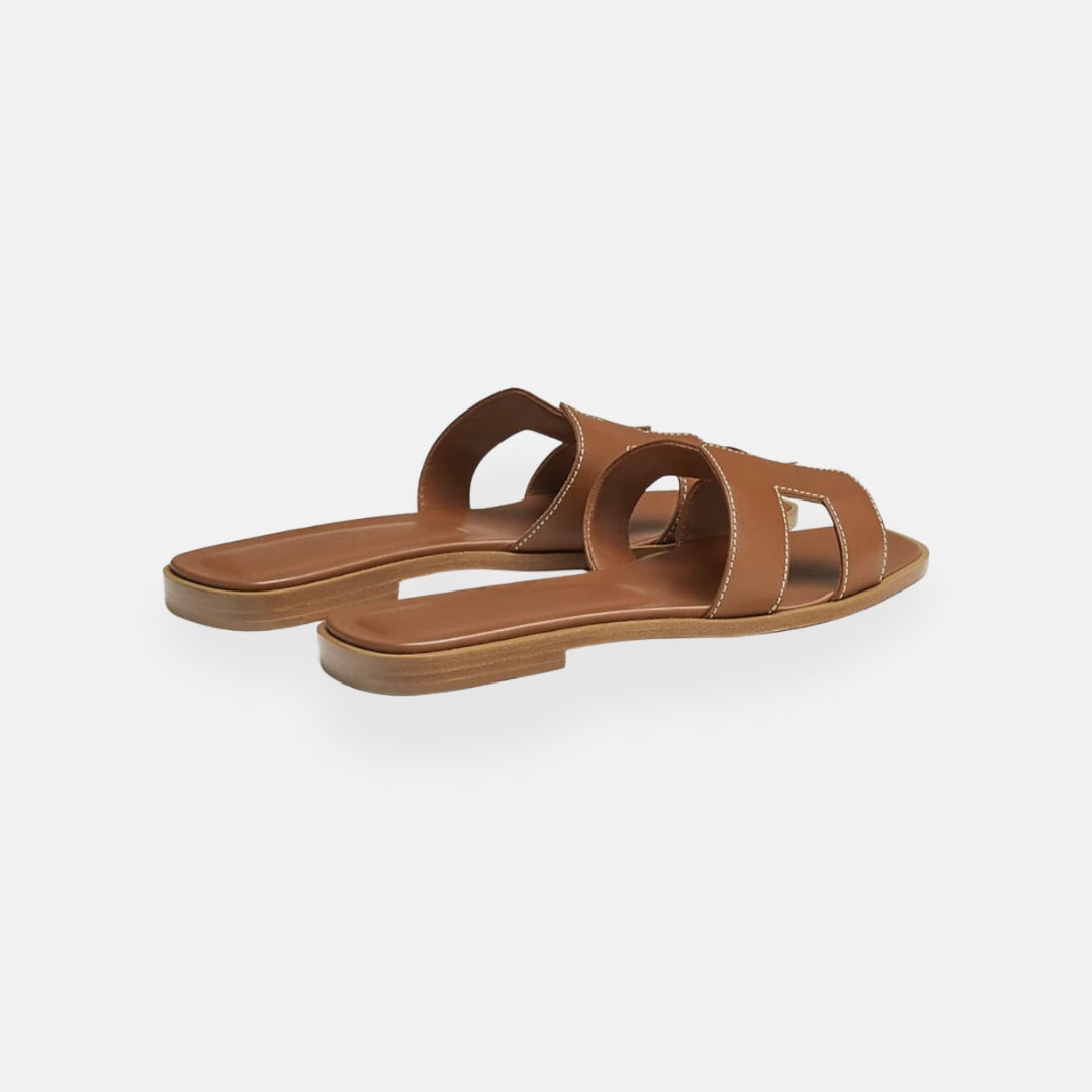 Women's Open Toe Slip-On Sandals Leather Casual Flat Slides Brown — Image 4