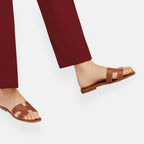 Women's Open Toe Slip-On Sandals Leather Casual Flat Slides Brown — Main Image
