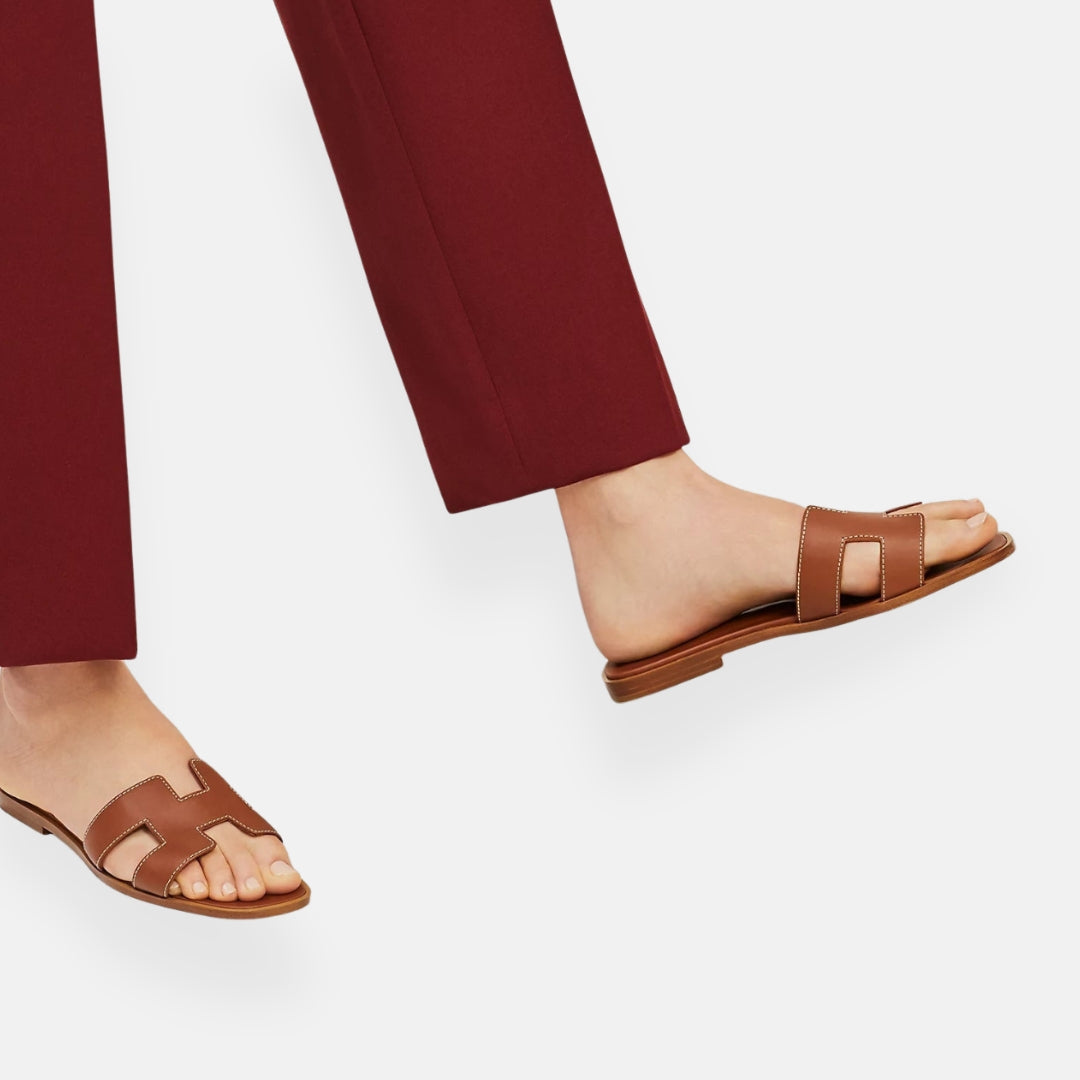 Women's Open Toe Slip-On Sandals Leather Casual Flat Slides Brown — Main Image