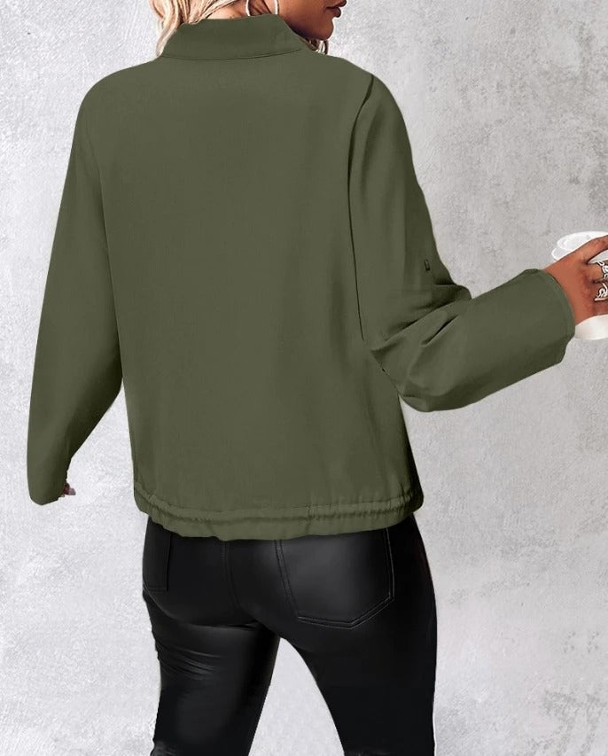 Women's Casual Bomber Jacket Lightweight Zip-Up Adjustable Drawstring Hem Roll-Up Sleeves Olive Green — Image 2