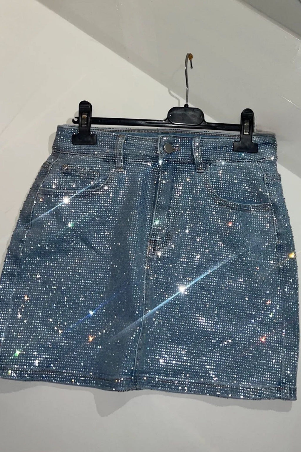 Sparkly Denim Mini Skirt - Rhinestone Detail, Light Blue Denim — Image 3