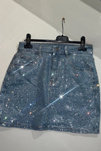 Sparkly Denim Mini Skirt - Rhinestone Detail, Light Blue Denim — Image 3