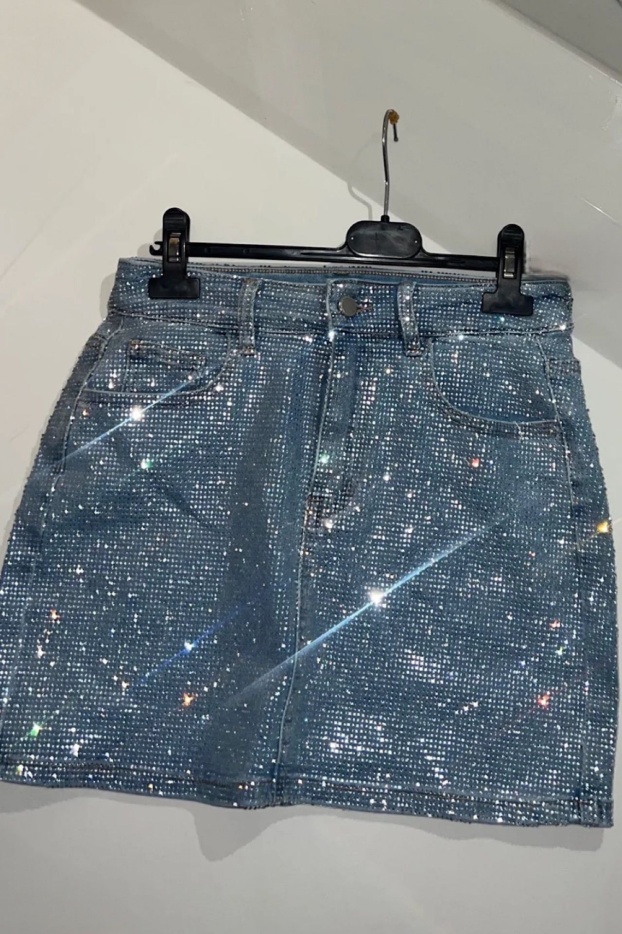 Sparkly Denim Mini Skirt - Rhinestone Detail, Light Blue Denim — Image 3