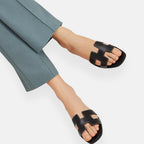 Women's Open Toe Slip-On Sandals Leather Casual Flat Slides Brown — Image 5