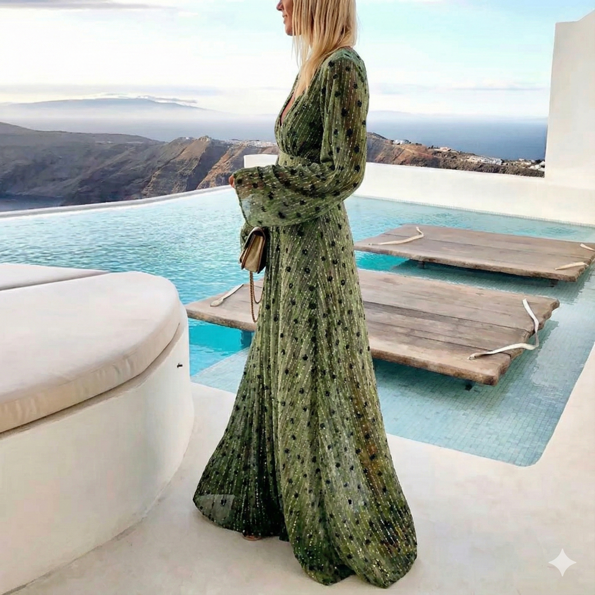 Green Bohemian Maxi Dress - V-Neck Long Sleeve Evening Gown — Image 2