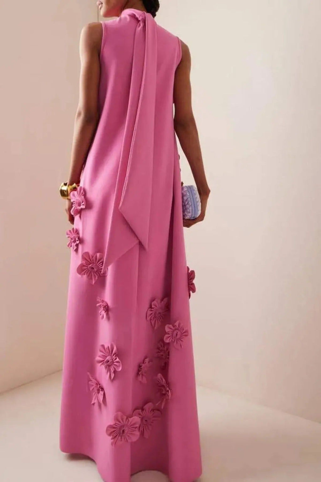 Pink Floral Appliqué Maxi Dress High Neck Sleeveless Women's Gown — Image 4