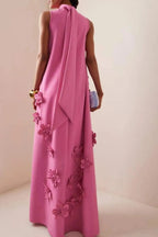 Pink Floral Appliqué Maxi Dress High Neck Sleeveless Women's Gown — Image 4