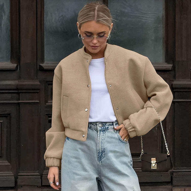 Brand Women's Bomber Jacket Wool Blend Stand Collar Beige Snap Button Casual Outerwear — Image 2