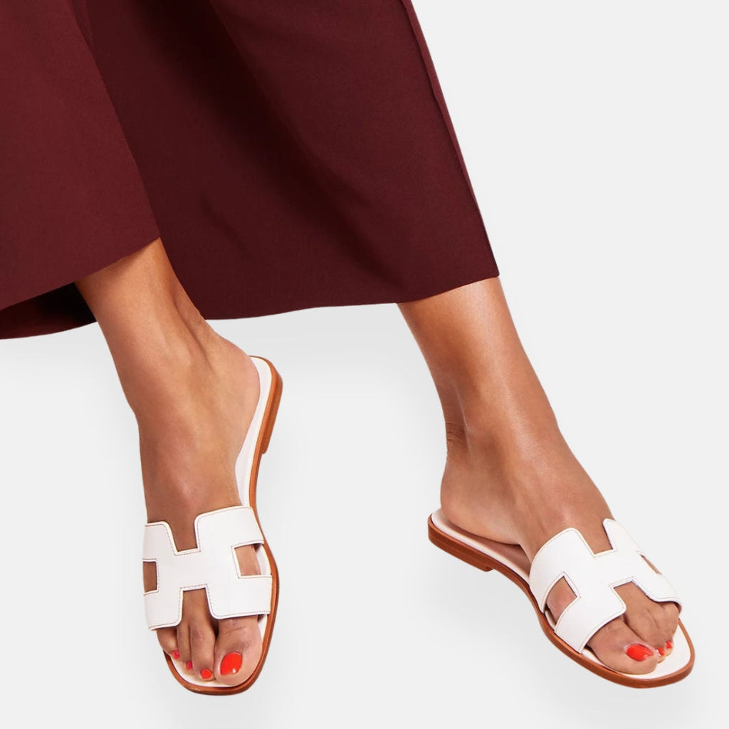 Women's Open Toe Slip-On Sandals Leather Casual Flat Slides Brown — Image 9