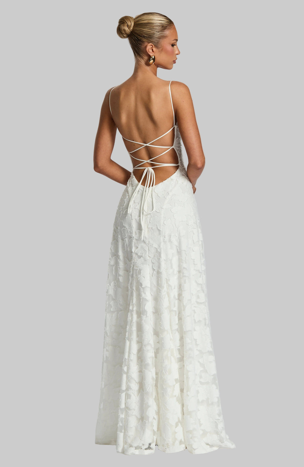 Floral Lace Maxi Dress with Lace-Up Back, Spaghetti Straps, Fitted Bodice. Available in Burgundy, White, and Pink. — Image 9