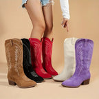 Embroidered Western Cowboy Boots Women's Suede Leather Pointed Toe Block Heel [Color] — Image 14