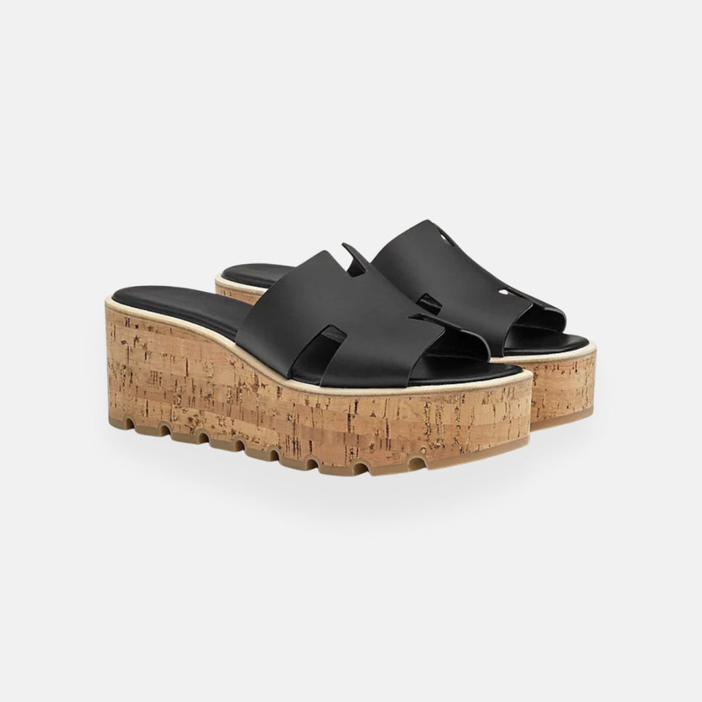 Women's Cork Platform Slide Sandals Black Leather Open-Toe Slip-On Wedge — Image 2