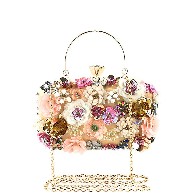 Floral Beaded Evening Clutch Bag Beige with Chain Strap. Elegant Party Handbag — Image 4